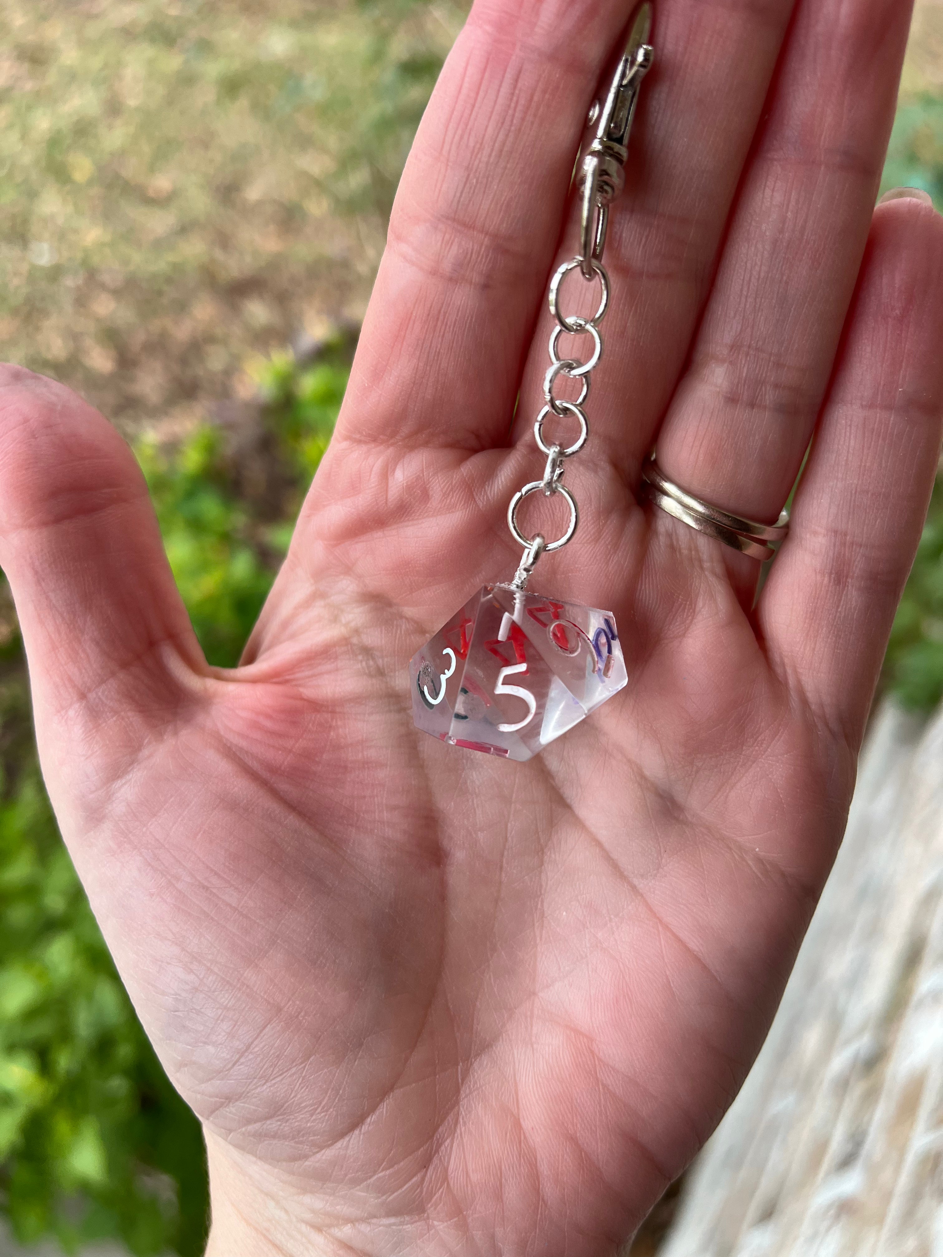 D10 Handmade Keychain - Clear Dice with Rainbow Interior Numbers