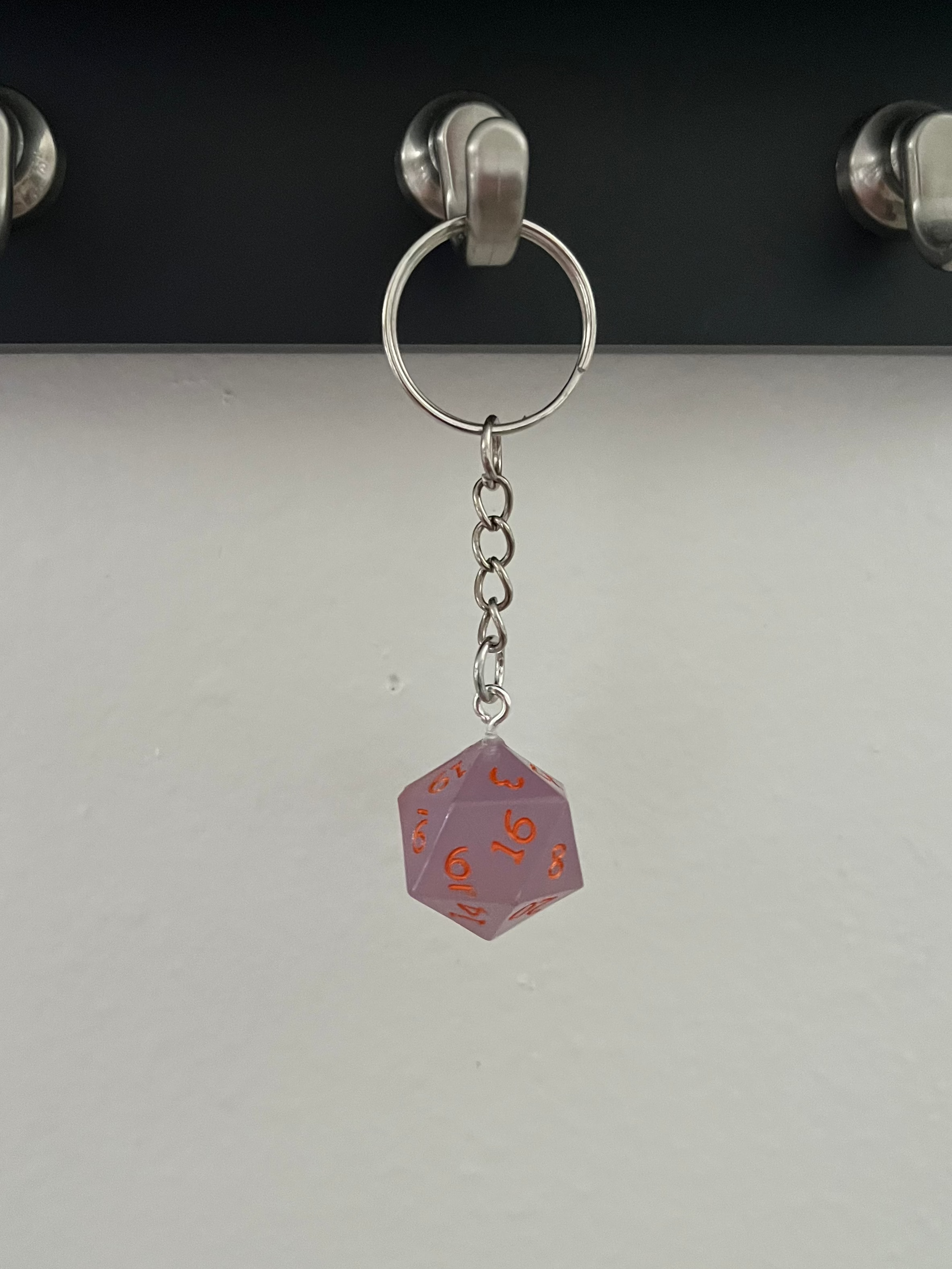 D20 Handmade D&D Keychain - Smokey Purple with Orange Numbers (Glows!)