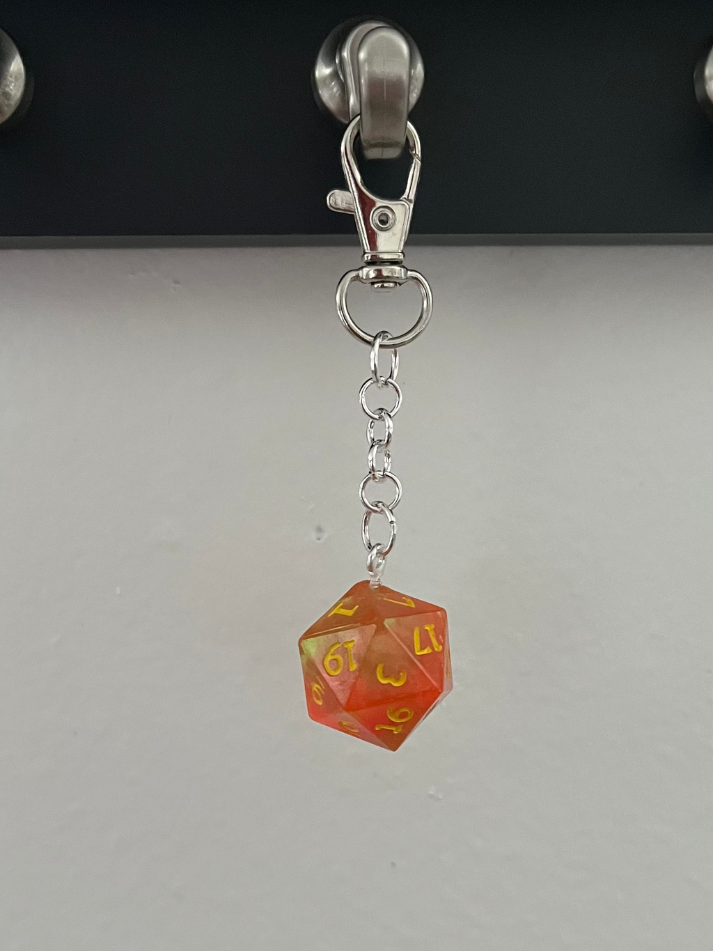 D20 Handmade Keychain - Orange Die with Yellow Numbers, Mini Watermelons inside