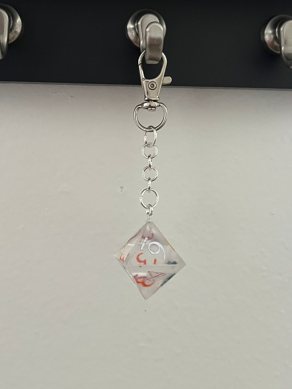 D8 Handmade Keychain - Clear Dice with Rainbow Interior Numbers