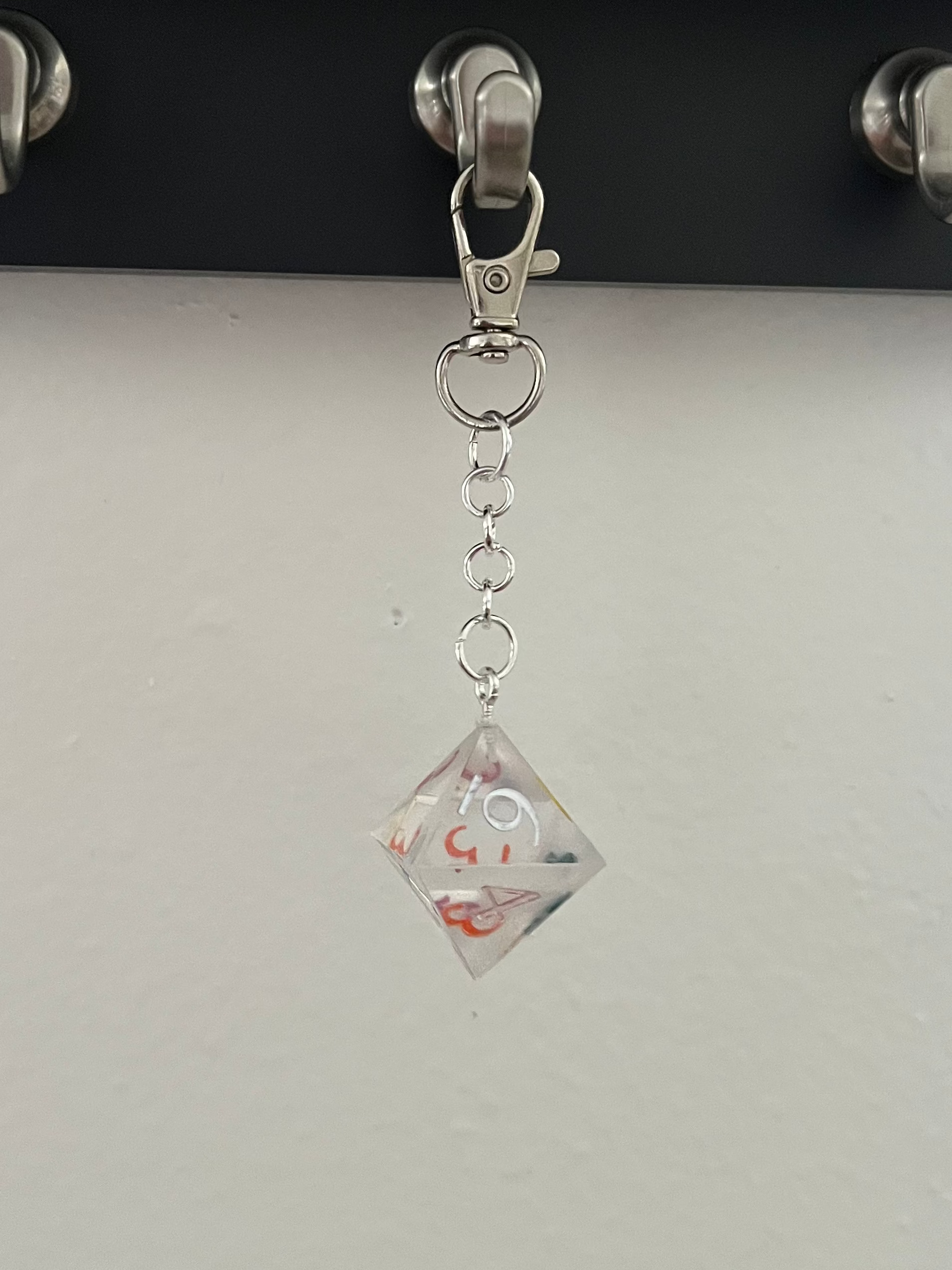 D8 Handmade Keychain - Clear Dice with Rainbow Interior Numbers