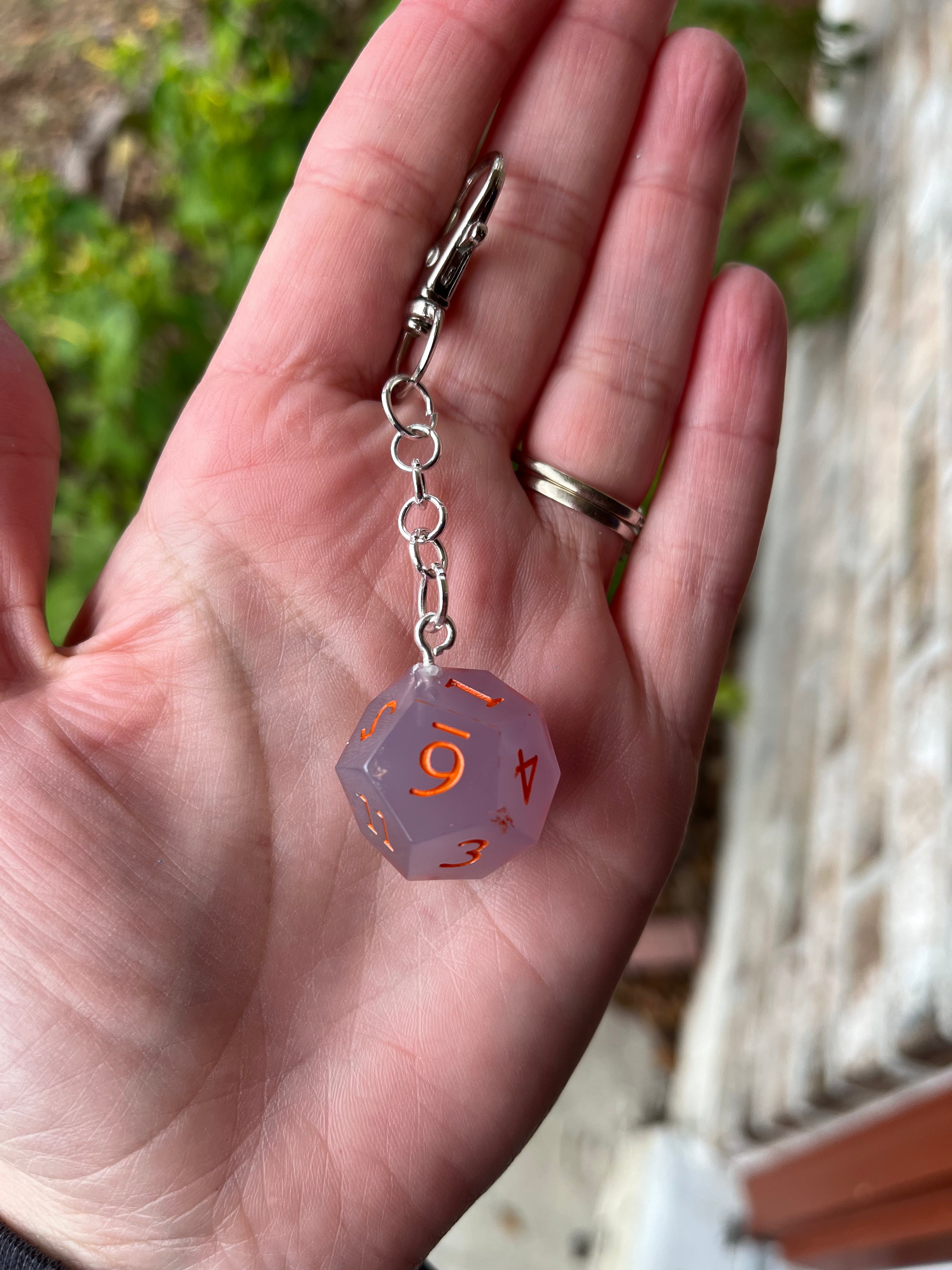 D12 Handmade D&D Keychain - Smokey Purple with Orange Numbers (Glows!)