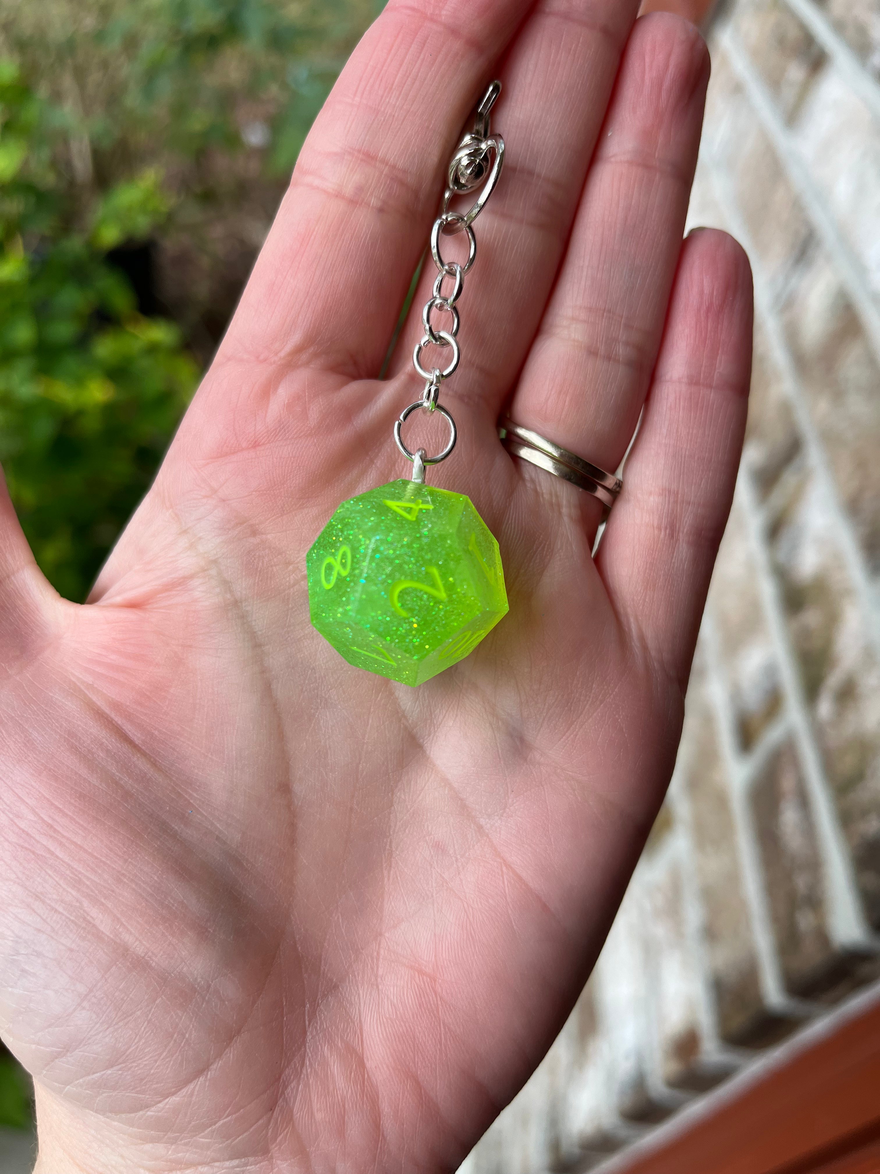 D12 Handmade Keychain - Bright Green with Green Glitter