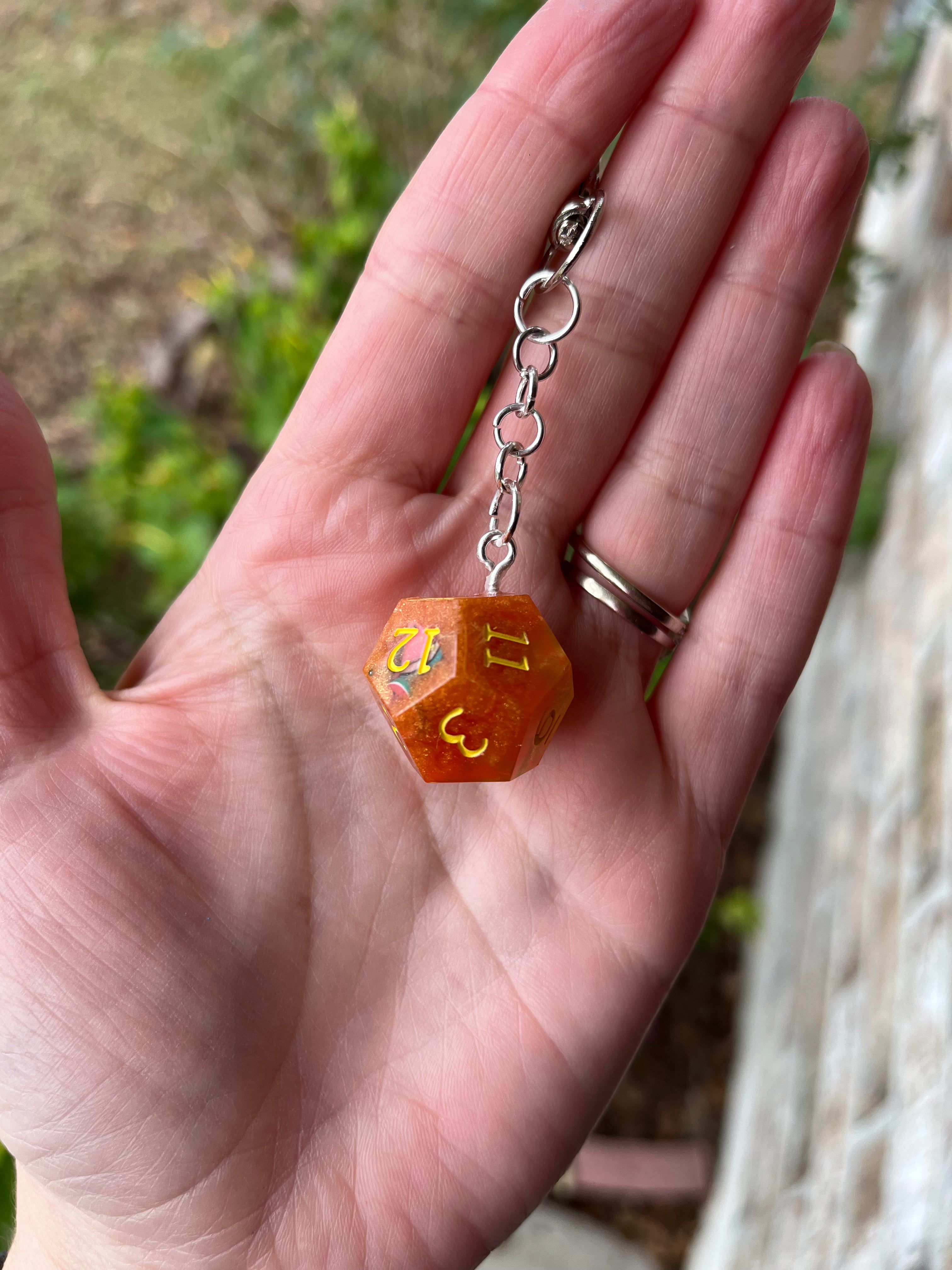 D12 Handmade Keychain - Orange Die with Yellow Numbers, Mini Watermelons inside