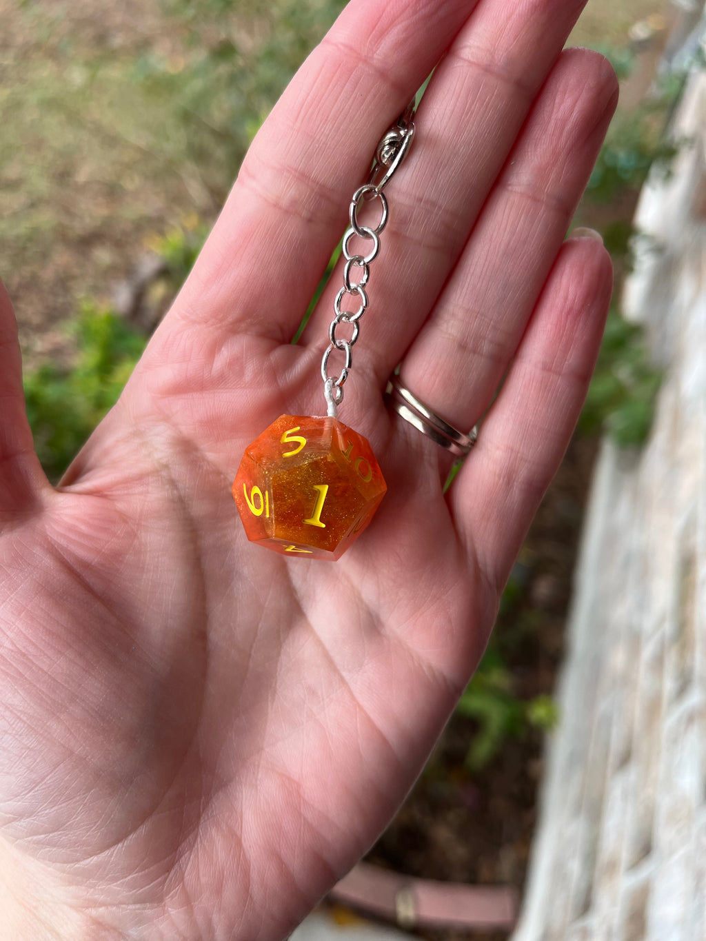 D12 Handmade Keychain - Orange Die with Yellow Numbers, Mini Watermelons inside