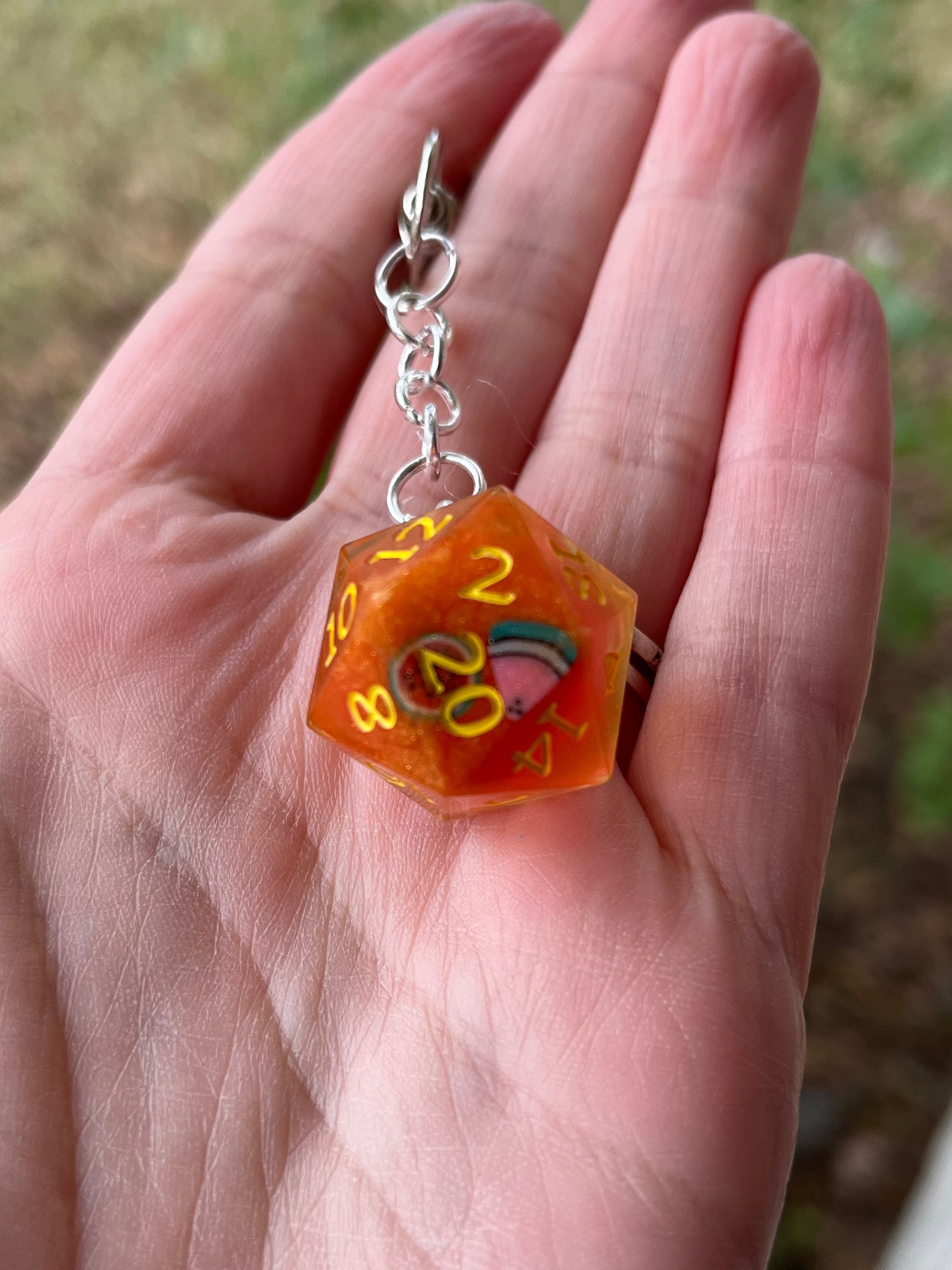 D20 Handmade Keychain - Orange Die with Yellow Numbers, Mini Watermelons inside
