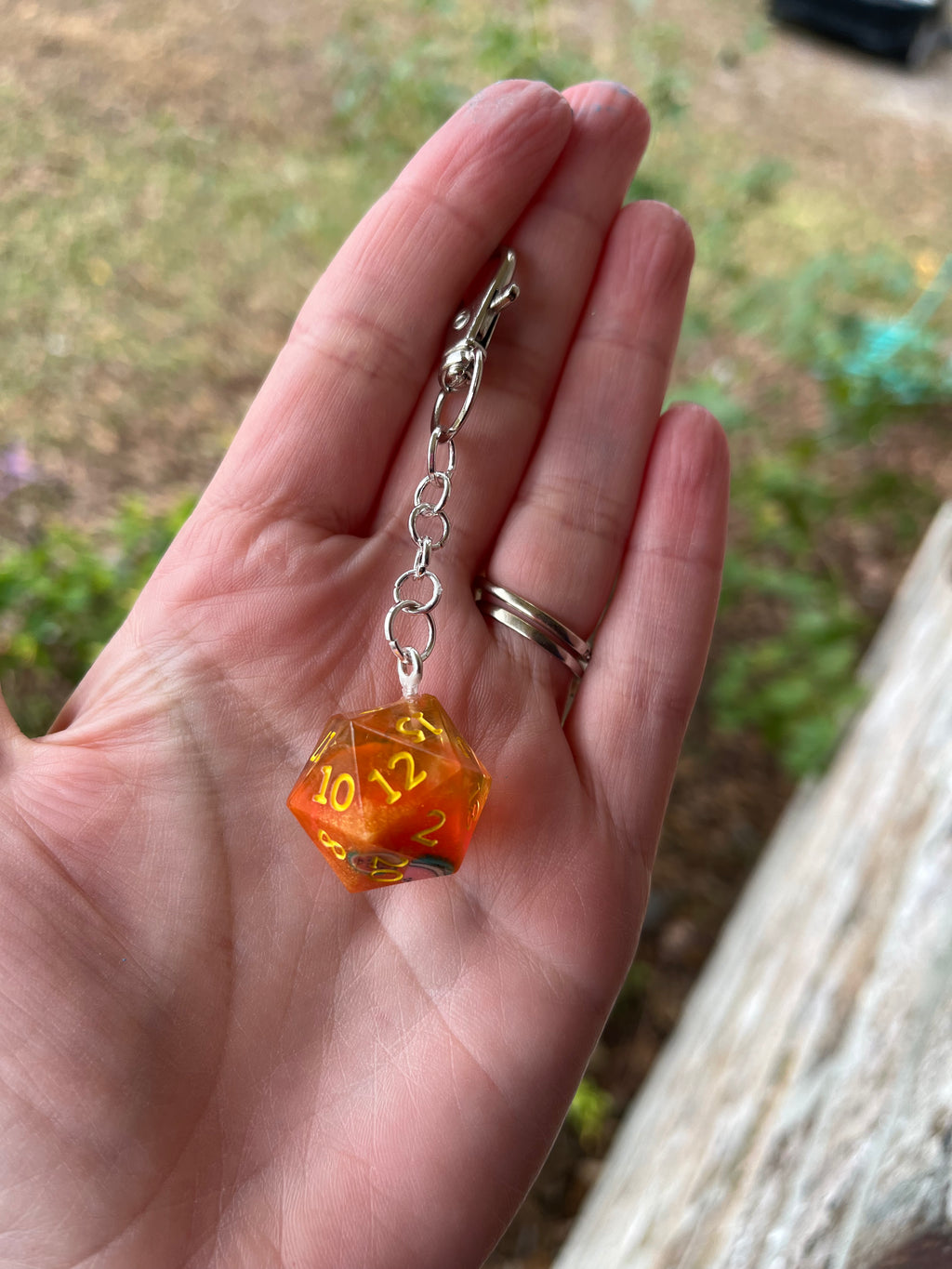 D20 Handmade Keychain - Orange Die with Yellow Numbers, Mini Watermelons inside
