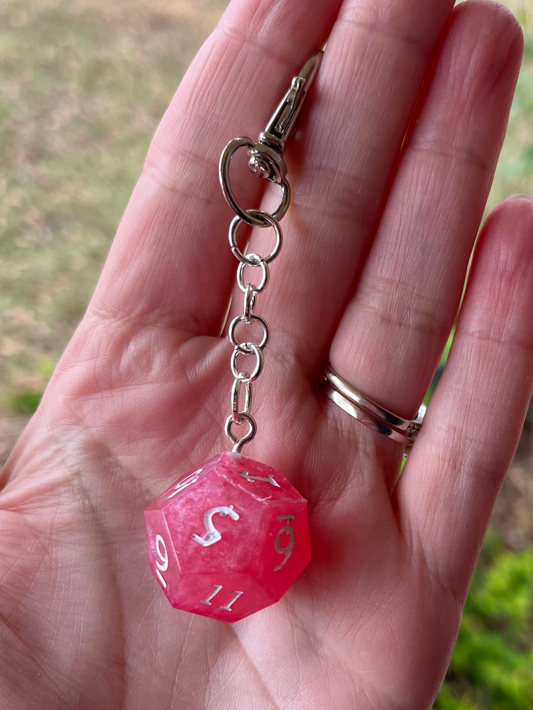 D12 Handmade Keychain - Pink D12 with Glitter and White Numbers