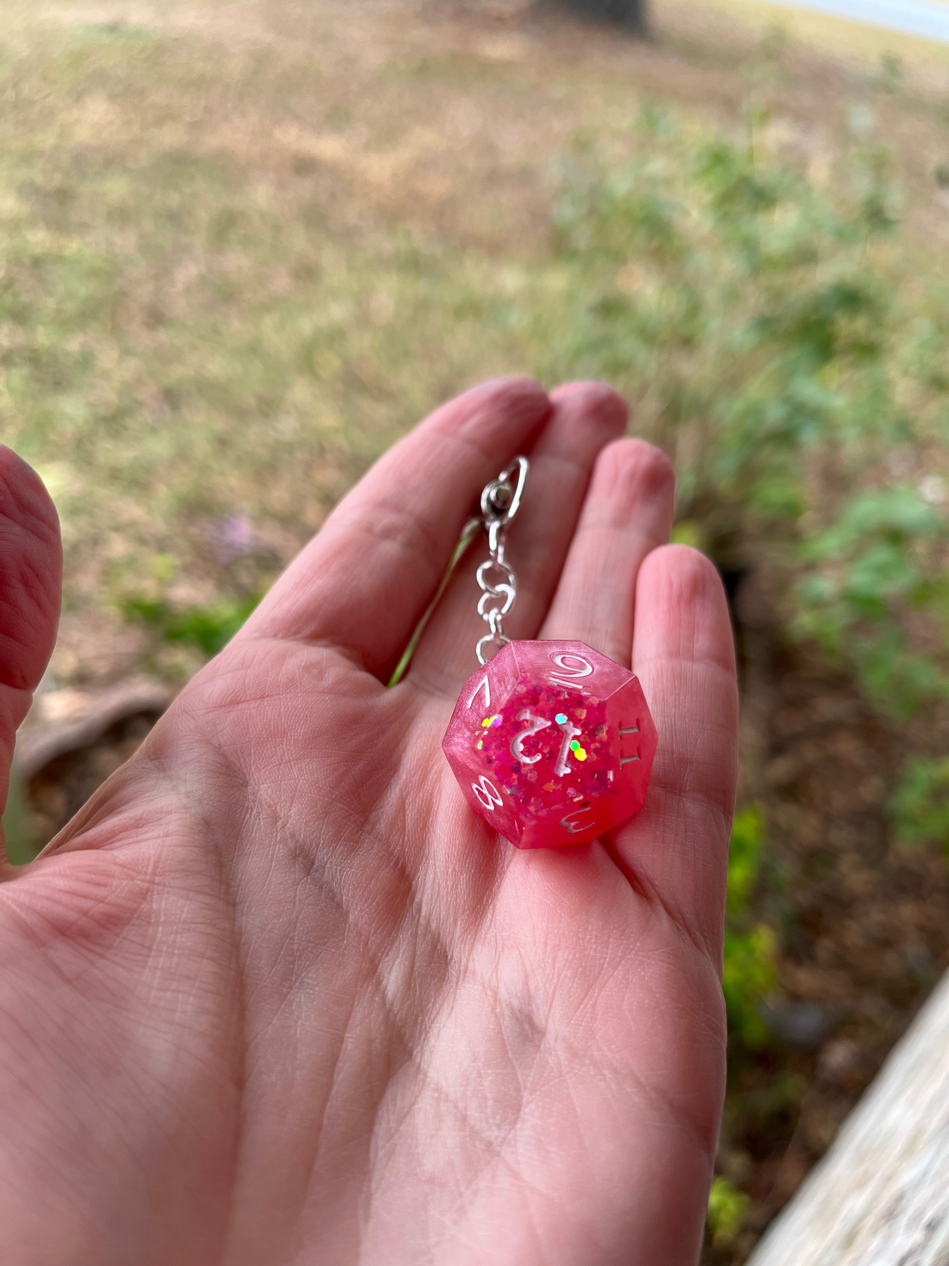 D12 Handmade Keychain - Pink D12 with Glitter and White Numbers