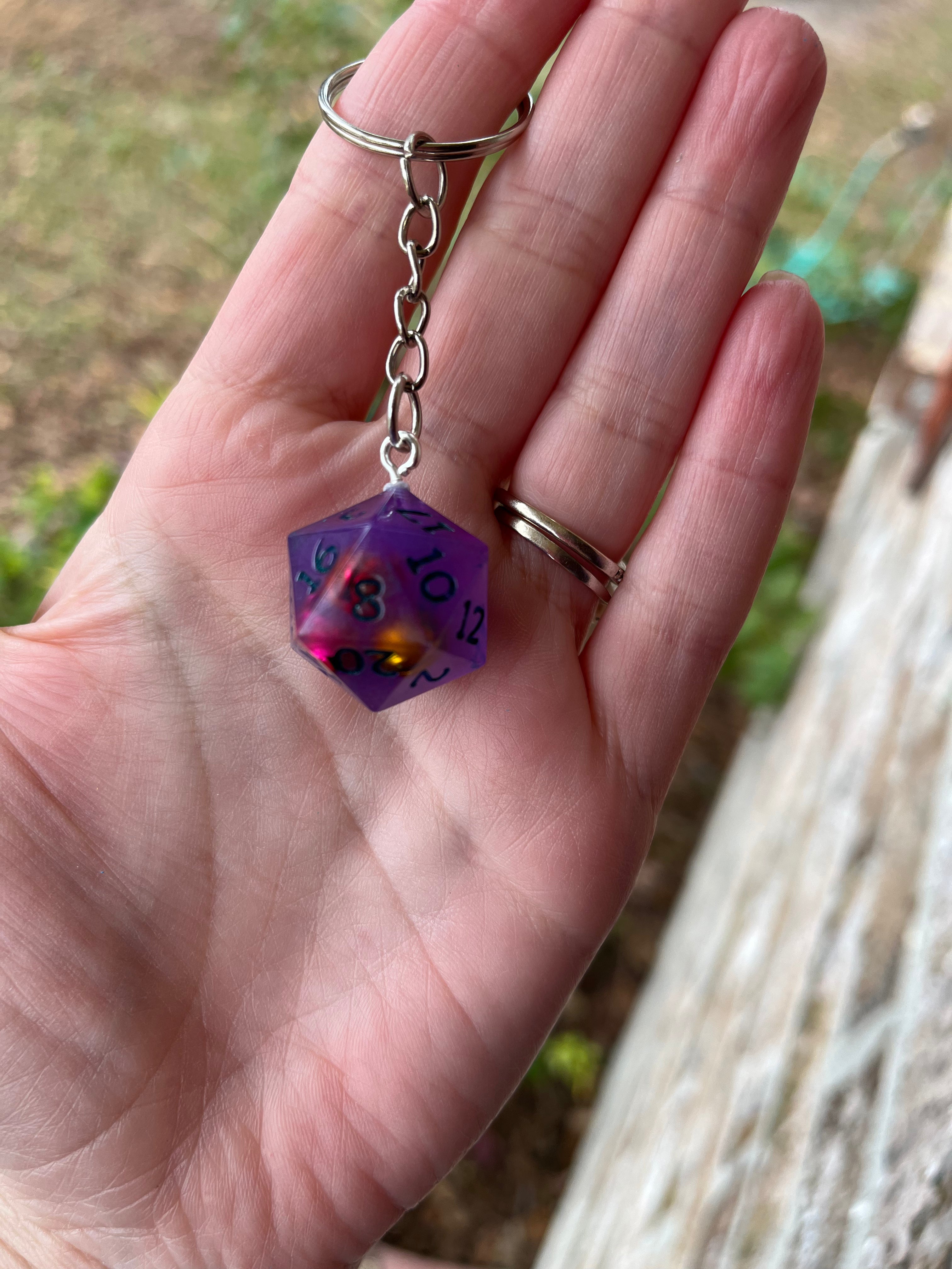 D20 Handmade Keychain - Dark Purple Die with Dark Green Numbers, Mini Bells Inside