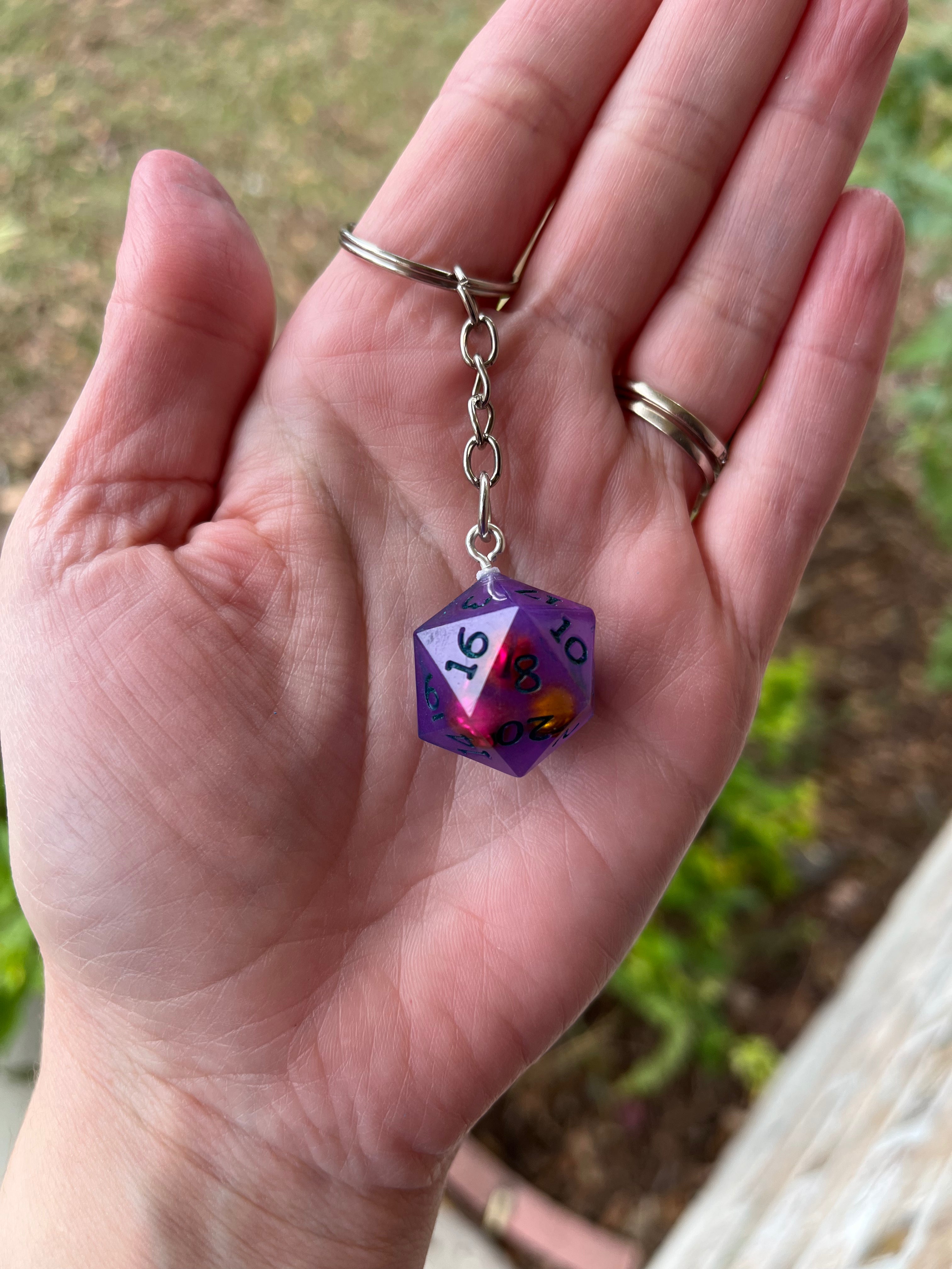 D20 Handmade Keychain - Dark Purple Die with Dark Green Numbers, Mini Bells Inside