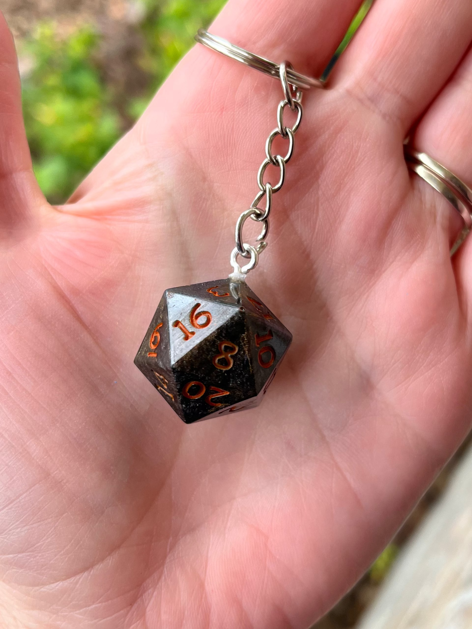 D20 Handmade Keychain - Black and Orange Die with Orange Numbers