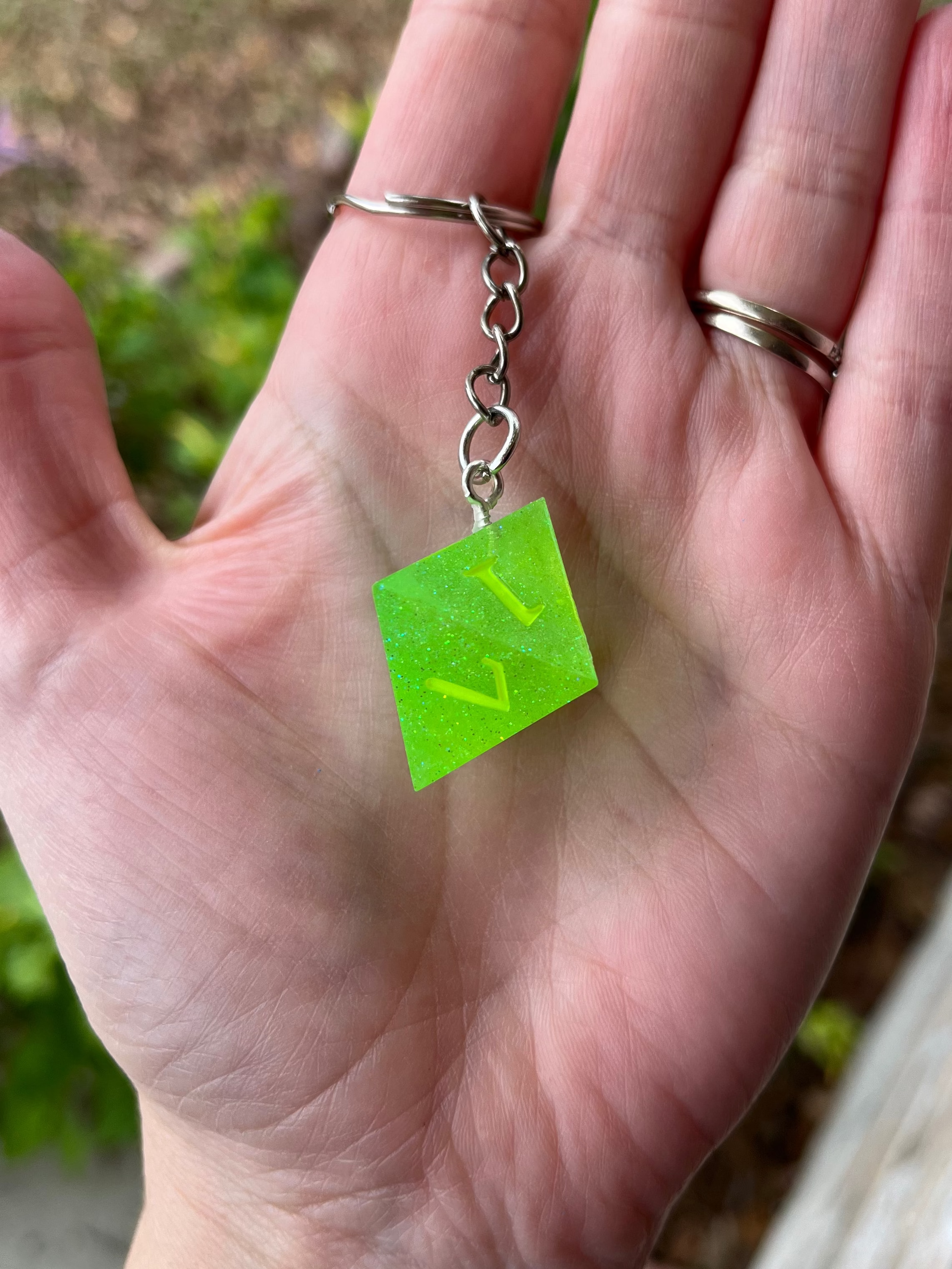 D8 Handmade Keychain - Bright Green with Green Glitter