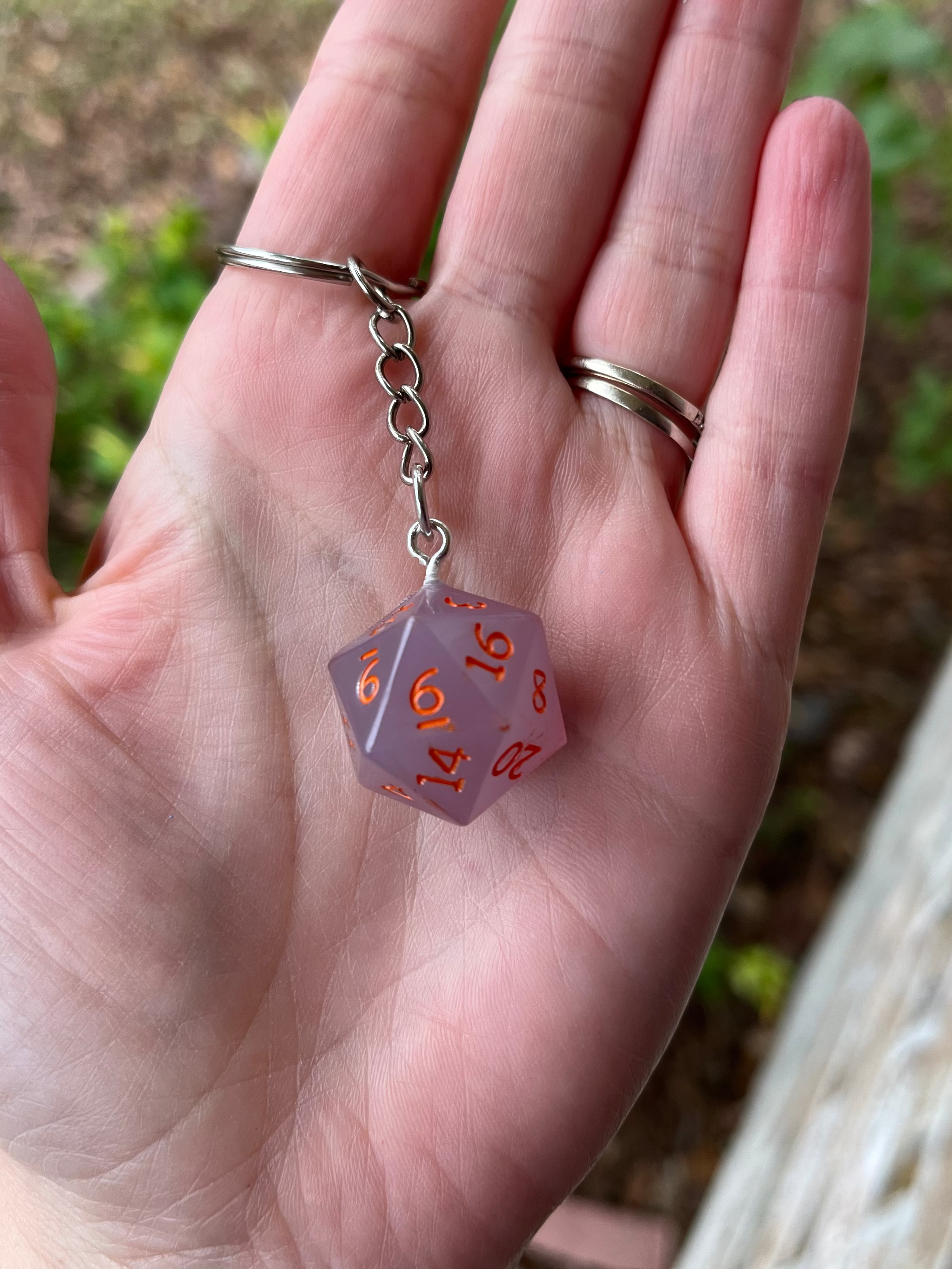 D20 Handmade D&D Keychain - Smokey Purple with Orange Numbers (Glows!)