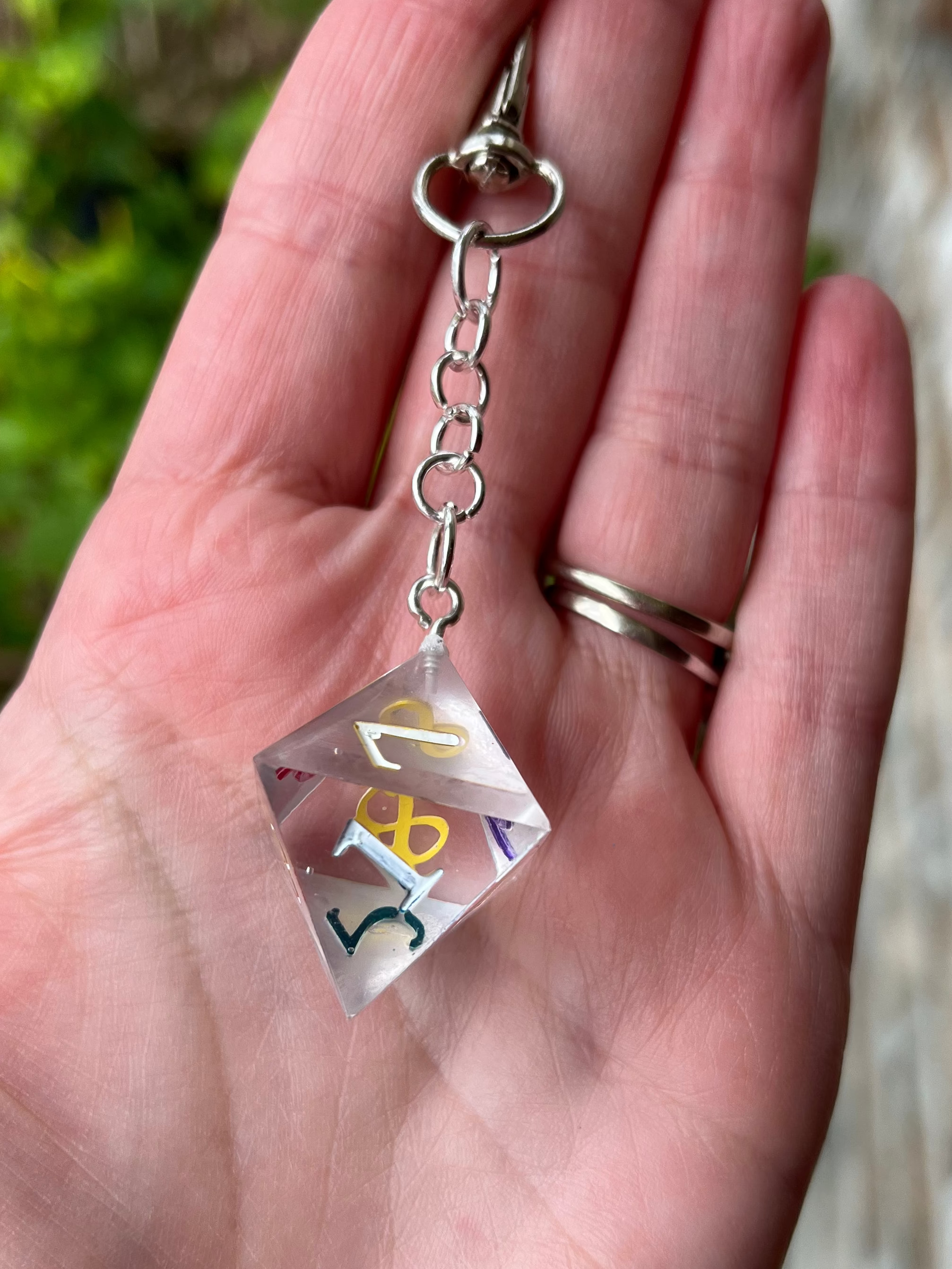 D8 Handmade Keychain - Clear Dice with Rainbow Interior Numbers