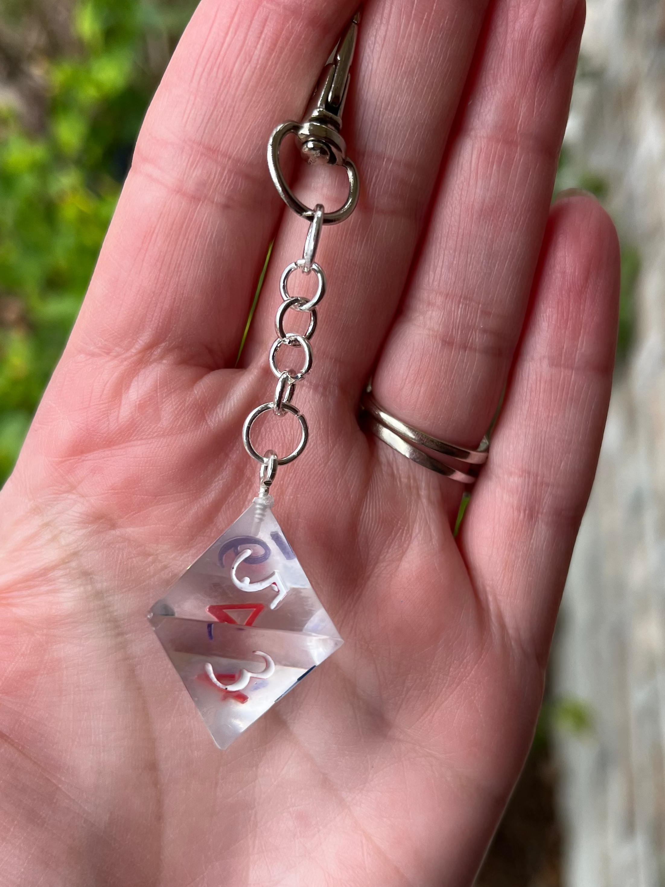 D8 Handmade Keychain - Clear Dice with Rainbow Interior Numbers