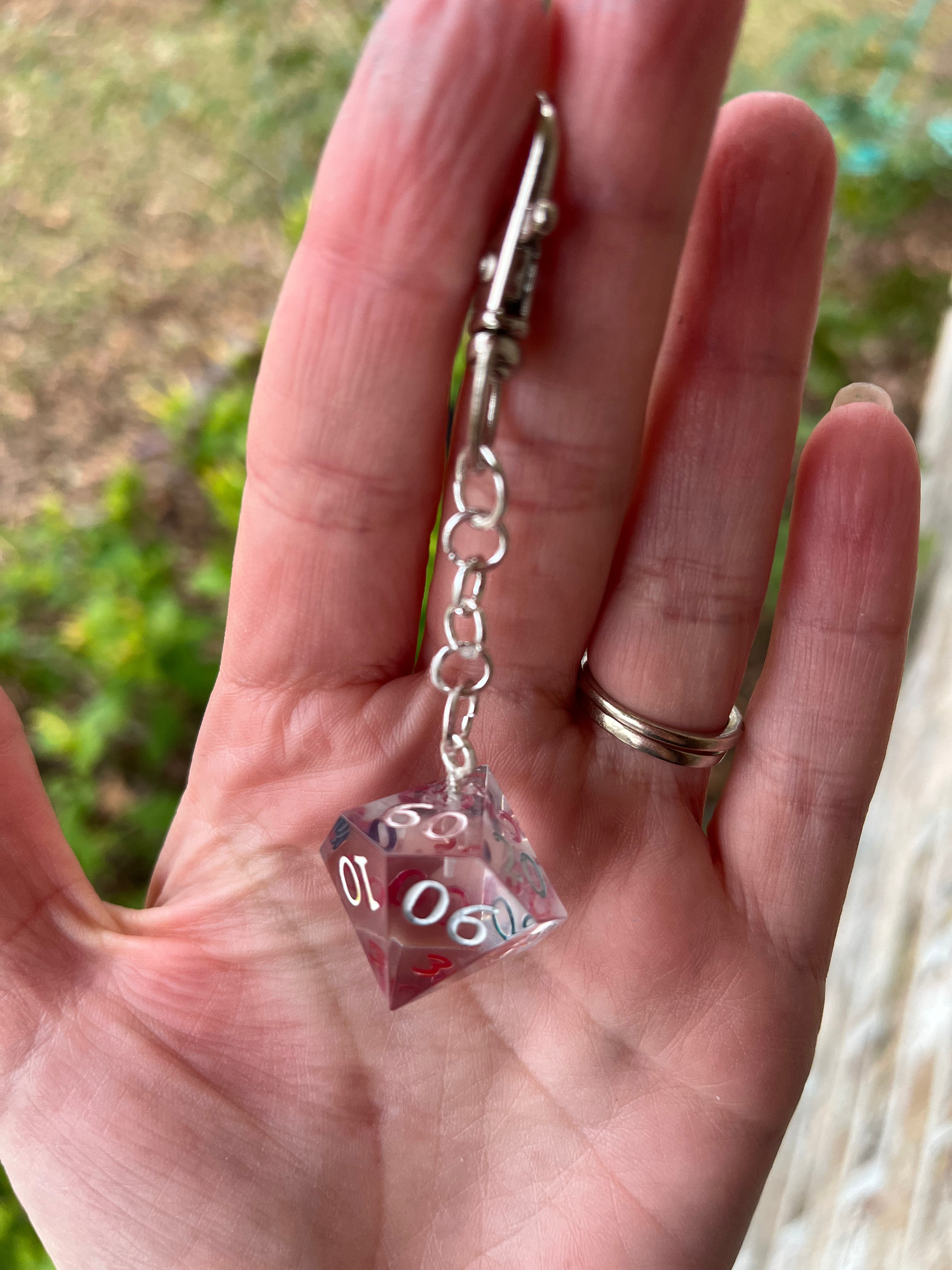 D% Handmade Keychain - Clear Dice with Rainbow Interior Numbers