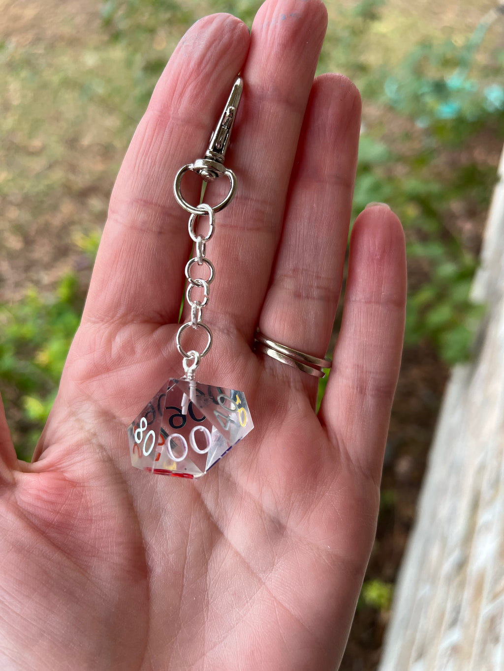 D% Handmade Keychain - Clear Dice with Rainbow Interior Numbers