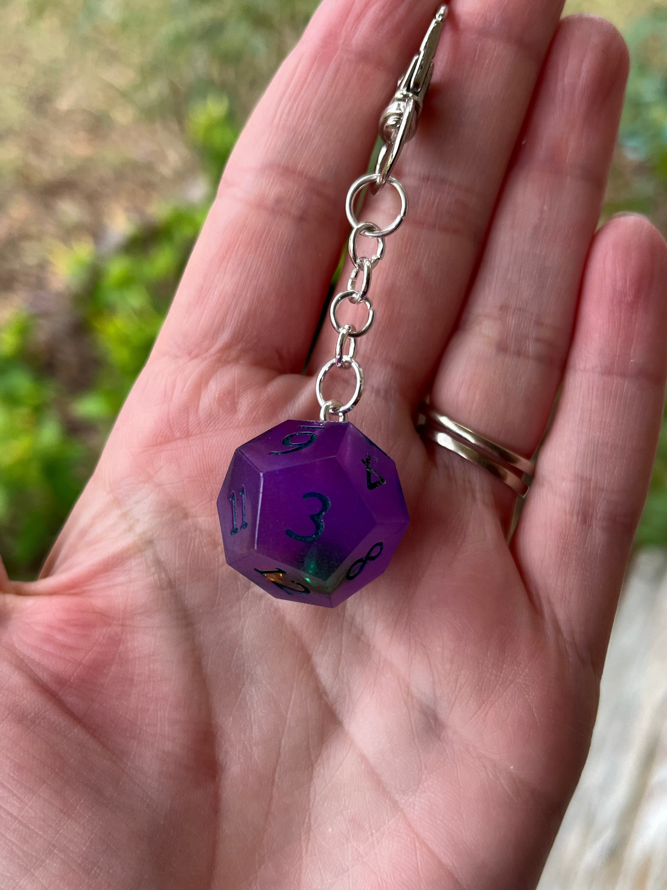 D12 Handmade Keychain - Dark Purple Die with Dark Green Numbers, Mini Bells Inside